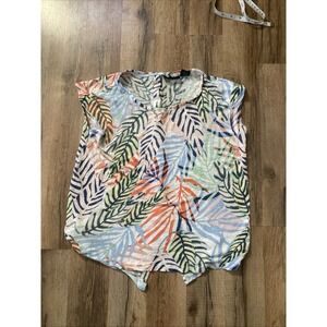 Tahari Sleeveless Linen Top Women Medium Colorful Leaf Print Stretch Button Back